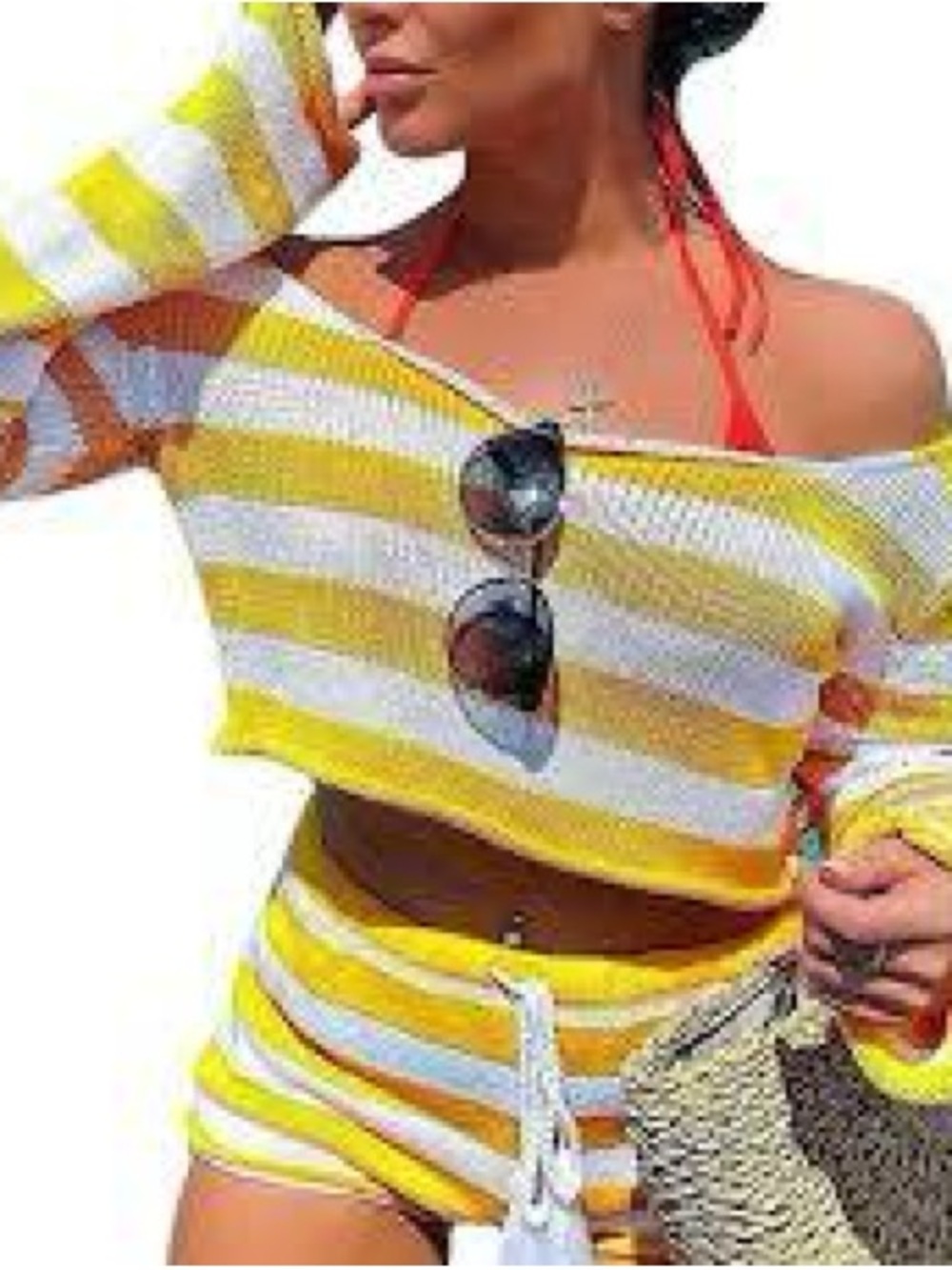Striped Yellow & White Off-Shoulder Crop Sweater and Short Set